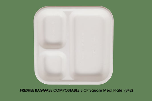 Freshee 3 Compartment Square Bagasses Plates, Pack of 10, Compostable Cutlery