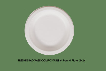 Freshee Bagasse Round Plates Pack of 10 Disposable Lunch Plate, 6inch Compostable