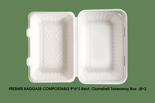 Freshee Bagasse Compostable Clamshell Pack of 10 Disposable Container