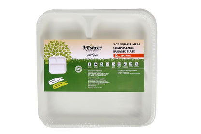 Freshee 3 Compartment Square Bagasses Plates, Pack of 10, Compostable Cutlery