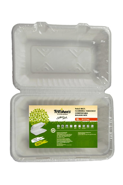 Freshee Bagasse Compostable Clamshell Pack of 10 Disposable Container