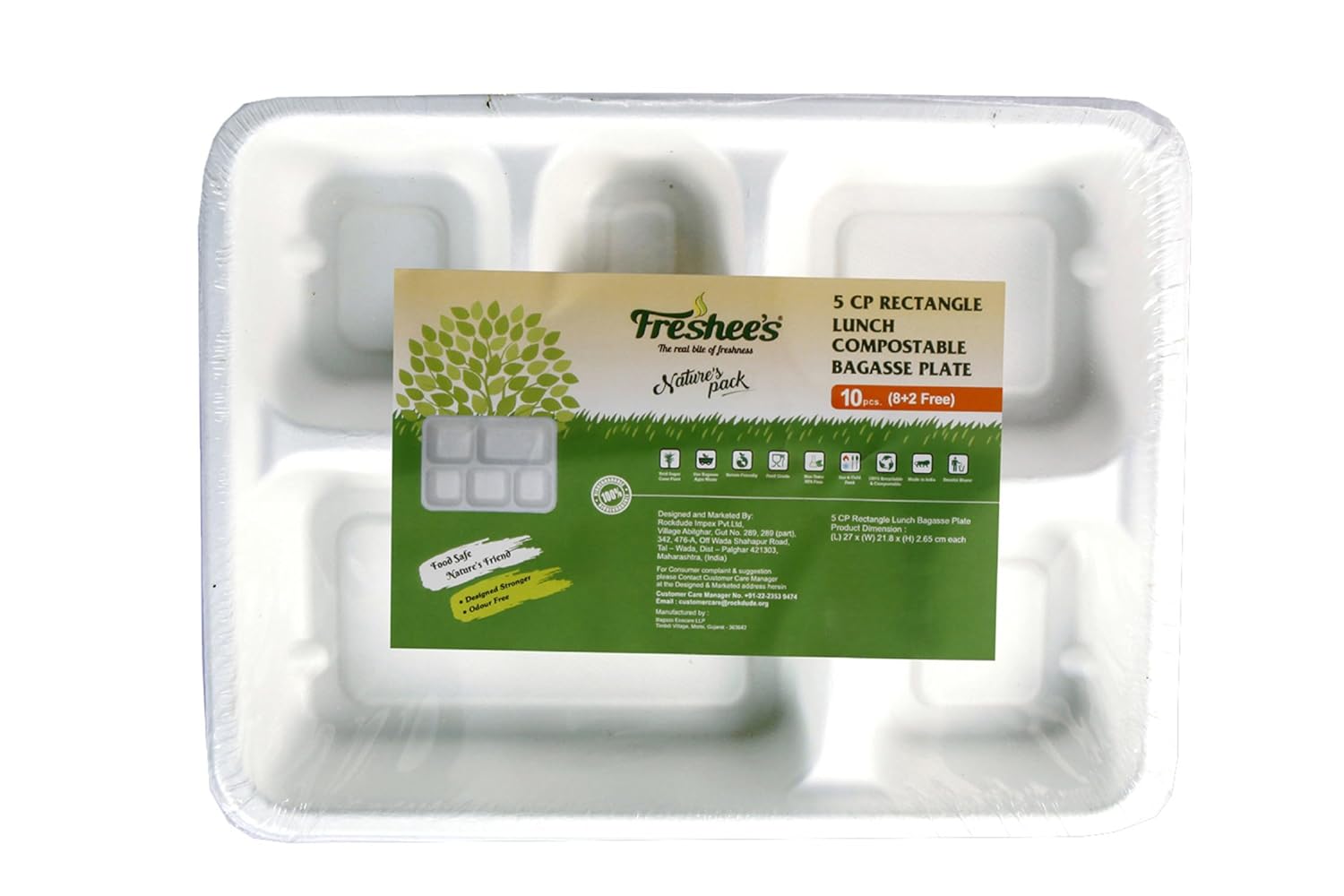Freshee 5CP Reactangle lunch compostable bagasse plate